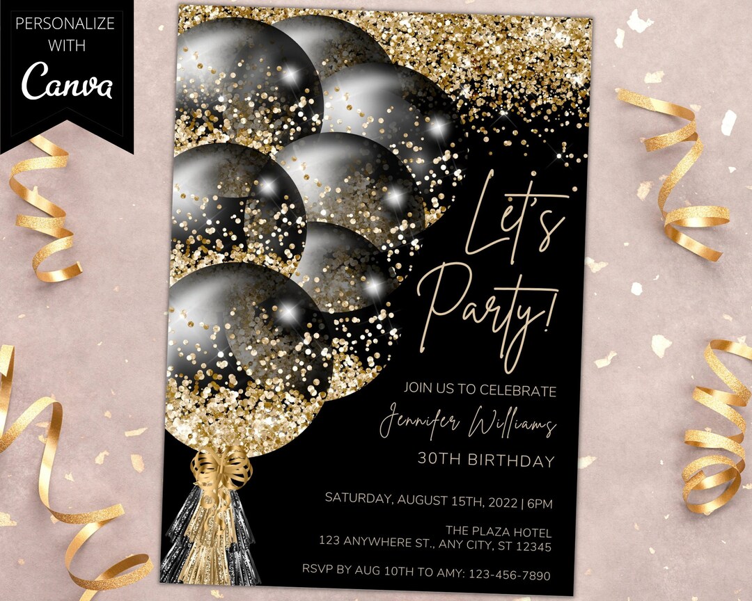 Printable Black Gold Glitter Balloons Birthday Party Invitation, Printable Invite, Let's Party, Any Age, Editable Template, Instant Download - Etsy