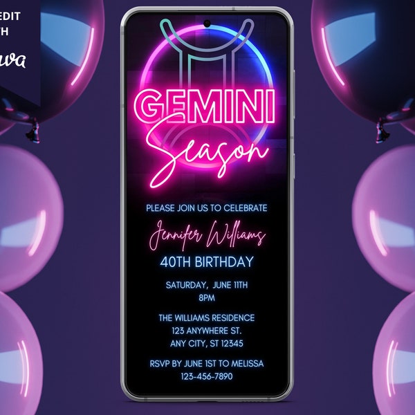 Gemini Zodiac Birthday Digital Invitation, Electronic Party Invite, Neon Gemini Season, Phone Evite, Editable Template, Instant Download