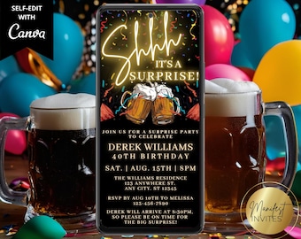 Digital Men's Shhh It's a Surprise Birthday Party Beer Invitation, Electronic Phone Evite, Editable Canva Template, Instant Download, WM42