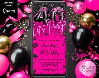 Cyfrowe 40. urodziny Hot Pink Black Glitter Glam Party Invitation, dla niej, elektroniczne zaproszenie, edytowalny szablon, natychmiastowe pobranie, PB23