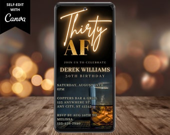 Digital Thirty AF Men's 30th Birthday Party Whiskey Invitation, Electronic Phone Text Evite, Editable Template, Instant Download, WM42