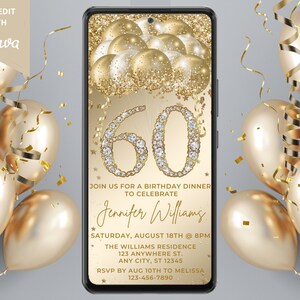 Digital 60th Birthday Diamond White Gold Balloons Party Invitation, Electronic Phone Text Evite, Editable Template, Instant Download, WGB9