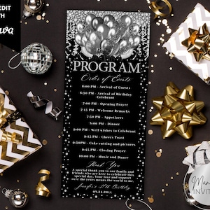 Pode incluir: Programa de aniversário preto e prata com um gráfico de balões. O programa inclui a ordem dos eventos, desde a chegada dos convidados até a música e a dança. O texto "Self-Edit with Canva" está no canto superior esquerdo. Presentes e decorações circundam o programa.