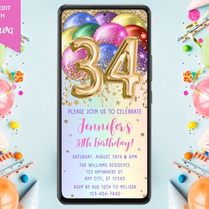 Digital 34th Birthday Party Rainbow Balloons Invitation, Electronic Mobile Phone Text Message Evite, Editable Template, Instant Download