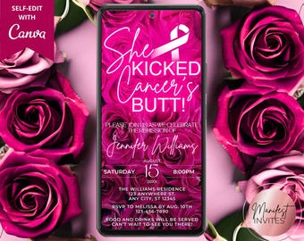 Digital Breast Cancer Survivor Party Invitation, She Kicked Cancer's Butt, Hot Pink Floral Roses, Phone Evite, Editable Canva Template