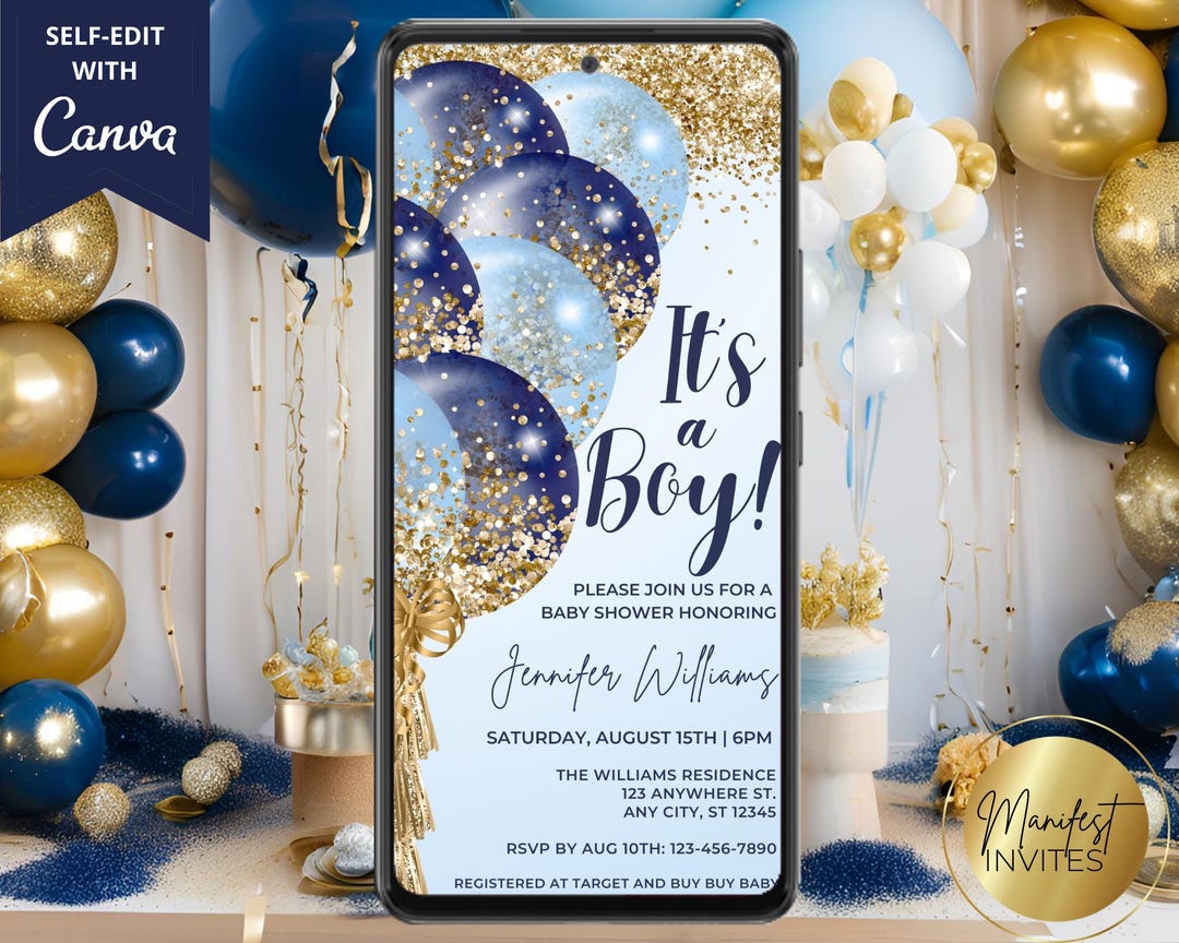Digital It's a Boy Navy Blue Gold Glitter Balloons Baby Shower ...