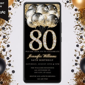 Digital 80th Birthday Party Invitation, Electronic Text Message Evite, Smartphone Invite, Black Gold, Editable Template, Instant Download