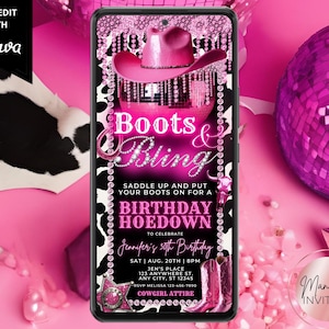 Digital Boots and Bling Pink Disco Cowgirl Hoedown Birthday Party Invitation, Glam Country Western, Editable Template, Instant Download