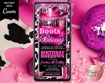 Digital Boots and Bling Pink Disco Cowgirl Hoedown Birthday Party Invitation, Glam Country Western, Editable Template, Instant Download