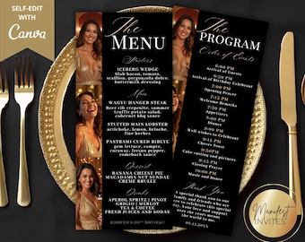 Könnte beinhalten: Schwarze und goldene Event-Menü- und Programm-Karten mit einem Foto einer Frau. Das Menü listet Vorspeisen, Hauptgerichte, Desserts und Getränke auf. Das Programm umreißt die Reihenfolge der Ereignisse.