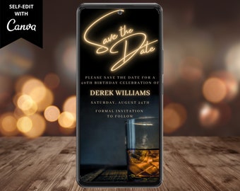 Digital Men's Birthday Save the Date Invitation, Electronic Phone Text Email Evite, Whiskey, Editable Template, Instant Download, WM42