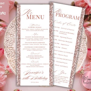 Bearbeitbare elegante Rose Gold Glitter Menü- und Programmkartenvorlage, Geburtstagsmenüprogramm, Reihenfolge der Ereignisse, Dankeskarte, Sofort-Download