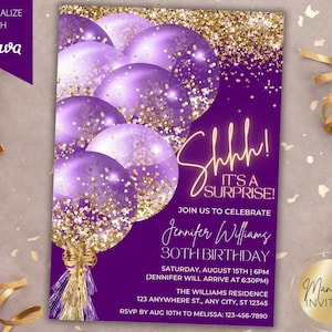 Convite para festa de aniversário glamourosa com balões roxos e dourados Shhh It's a Surprise, cartão para impressão, modelo Canva, download instantâneo