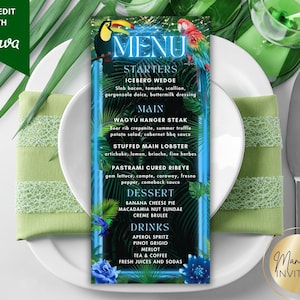 May include: A tropical-themed menu card with a toucan and parrot illustration. The menu features starters, main courses, desserts, and drinks. The menu is on a white plate with a green napkin and silverware. The text "SELF-EDIT WITH Canva" is in the upper left corner.