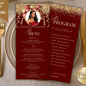 Bewerkbare afbeelding roodgouden glitterballonnen Menu- en programmakaartsjabloon, afdrukbaar evenementmenu en drankkaart, verjaardagsdinermenu