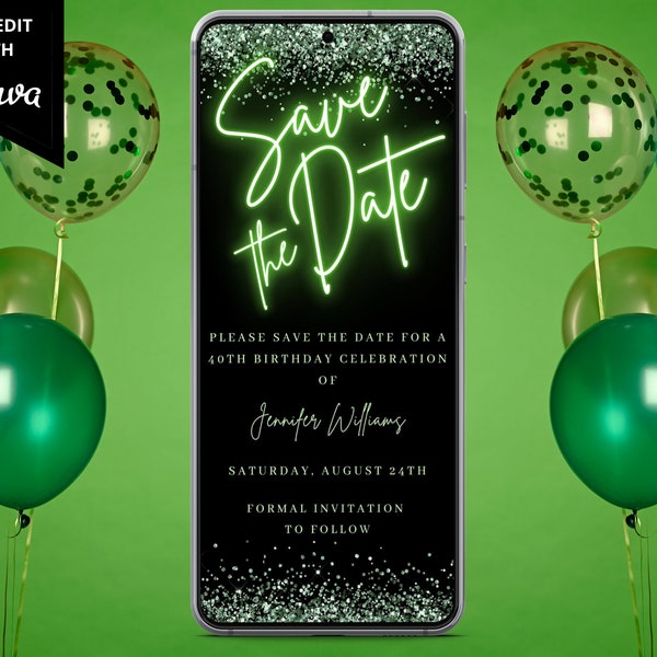 Digital Green Neon Save the Date Invitation, Electronic Save the Date, Any Occasion, Editable Template, Phone Text Evite, Instant Download