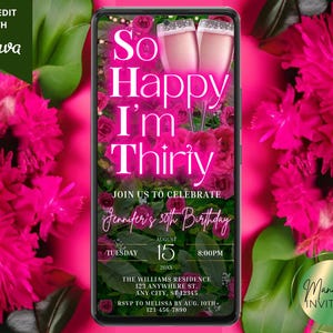 Digital So Happy I&#39;m Thirty 30th Birthday Pink Neon Greenery Party Invitation, Adult Invite, Text Evite, Editable Template, Instant Download