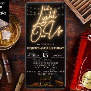 Digital Men's Whiskey Cigar Let's Light One Up Birthday Party Invitation, Electronic Phone Evite, Editable Template, Instant Download, WM42