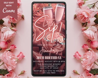 Digital Winery Wine Tasting Birthday Invitation, Let's Sip, Pink Floral Roses, Electronic Phone Invite, Editable Template, Instant Download