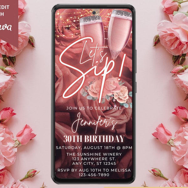 Digital Winery Wine Tasting Birthday Invitation, Let's Sip, Pink Floral Roses, Electronic Phone Invite, Editable Template, Instant Download
