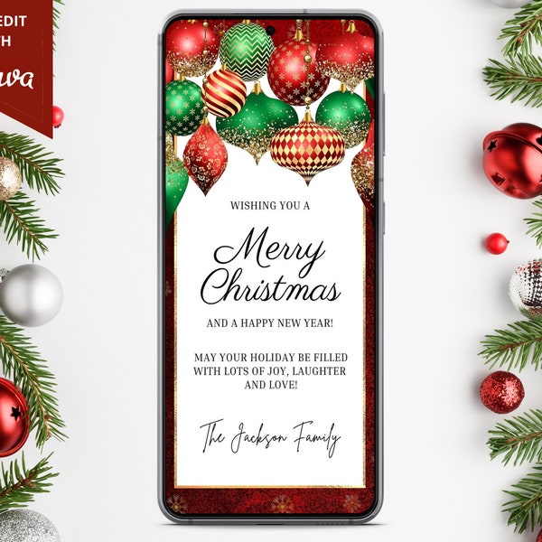 Electronic Merry Christmas Card, Digital Christmas Greeting Card, Holiday Ecard for Phone, Editable Template, Text Message, Instant Download