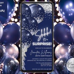 Digital Shhh It&#39;s a Surprise Blue Silver Balloons Birthday Party Invitation, Electronic Phone Evite, Editable Template, Instant Download