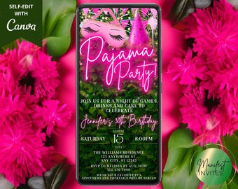 Digital Pajama Party Birthday Invitation, Girls Night In, Electronic Phone Evite, Pink Neon Greenery, Editable Template, Instant Download