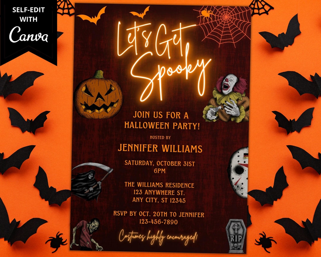 Editable Halloween Party Invitation, Printable Halloween Party Invite, Neon Let's Get Spooky
