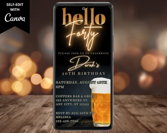 Digital Hello Forty Men's 40th Beer Birthday Party Invitation, Electronic Phone Text Message Evite, Editable Template, Instant Download