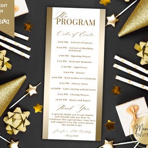 May include: A gold and white program card with the text "The Program" and "Order of Events". The card includes a schedule, a thank you message, and the text "Manifest Invites". The image also features gold party decorations.