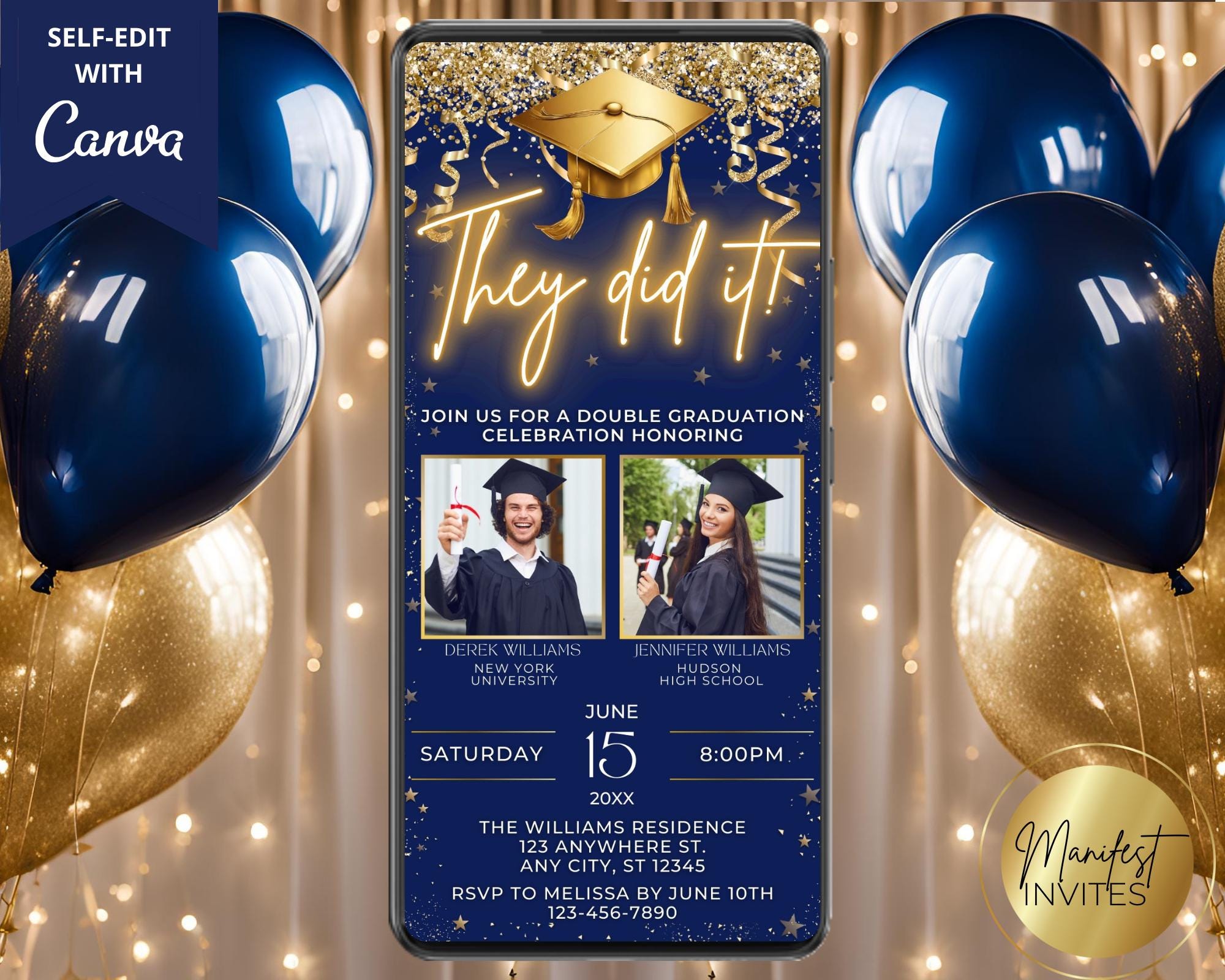 Digital Double Graduation Party They Did It Blue Gold Photo Invitation, 2 Person Grad Party, Text Evite, Editable Template, Instant Download