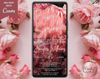 Digital Baby Sprinkle Neon Blush Pink Floral Baby Shower Invitation, Digital Phone Text Message Evite, Editable Template, Instant Download