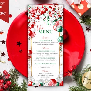 Edytowalny świąteczny szablon menu na przyjęcie bożonarodzeniowe, drukowane menu świąteczne, menu urodzinowe z balonami świątecznymi, natychmiastowe pobieranie