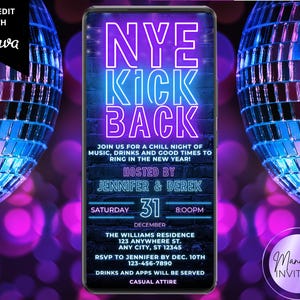 May include: A digital New Year's Eve party invitation template featuring neon blue and purple text against a dark brick wall background. The text reads NYE KICK BACK, JOIN US FOR A CHILL NIGHT, HOSTED BY JENNIFER & DEREK, SATURDAY 31 DECEMBER 8:00PM.