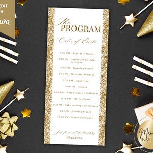 Bewerkbare witgouden glitter verjaardag evenement programma kaartsjabloon, verjaardagsdiner feest route agenda, tabelprogramma, instant download
