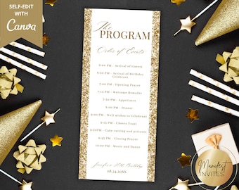 Editable White Gold Glitter Birthday Event Program Card Template, Birthday Dinner Party Itinerary Agenda, Table Program, Instant Download
