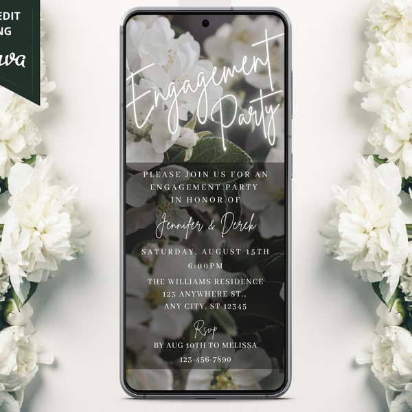 Digital Wedding Engagement Party Invitation, Electronic Engagement Invite, Announcement, White Neon Floral, Text Evite, Instant Download