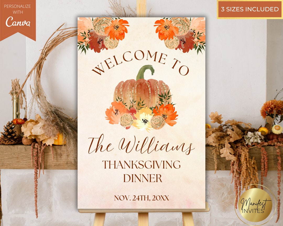 Editable Rustic Glam Thanksgiving Friendsgiving Dinner Welcome Sign