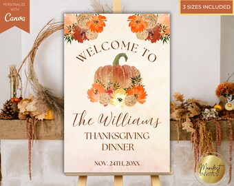 May include: A printable Thanksgiving dinner sign with a glittery orange pumpkin and fall floral accents. The sign reads "Welcome to The Williams Thanksgiving Dinner Nov. 24th, 20XX".