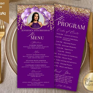 Editable Glam Purple Gold Glitter Balloons Menu Program and Thank You Photo Card, Birthday Graduation Party Decor, Printable Canva Template