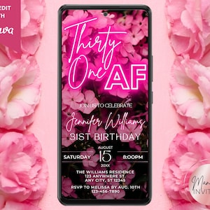 Invito digitale per la festa del 31° compleanno, invito elettronico tramite messaggio di testo, motivo floreale rosa neon, modello modificabile, download immediato PF01