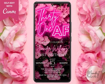 Invitación digital para fiesta de 31 cumpleaños, mensaje de texto electrónico Evite, diseño floral rosa neón, plantilla editable, descarga instantánea PF01