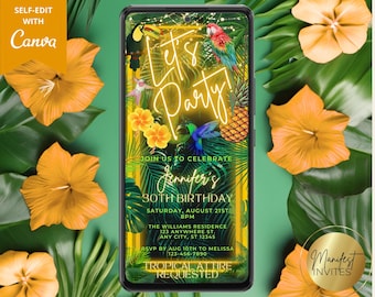 Digital Let's Party Tropical Palm Leaves Gold Neon Birthday Party Invitation, Electronic Phone Evite, Editable Template, Instant Download