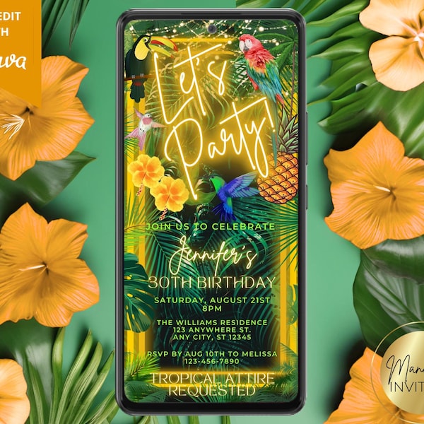 Digitale Let's Party tropische palmbladeren gouden neon verjaardagsuitnodiging, elektronische telefoon Evite, bewerkbare sjabloon, Instant Download