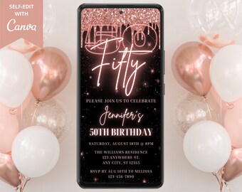 Digital Rose Gold Fifty 50th Birthday Party Invitation, Electronic Phone Text Evite, Neon Glitter Drip, Editable Template, Instant Download