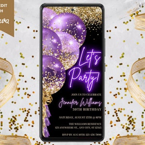 Digital Purple Gold Balloons Birthday Party Invitation, Electronic Phone Text Invite, Neon Let's Party, Editable Template, Instant Download