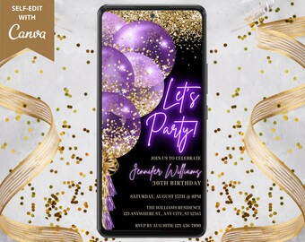 Digital Purple Gold Balloons Birthday Party Invitation, Electronic Phone Text Invite, Neon Let's Party, Editable Template, Instant Download