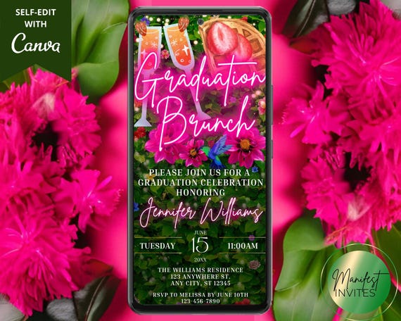 Digital Women's Graduation Brunch Invitation, Pink Neon Greenery, Graduation Announcement, Phone Evite, Editable Template, Instant Download