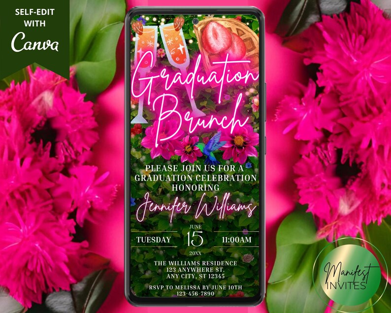 May include: A smartphone screen shows a graduation brunch invitation with pink floral accents. The invitation includes text that reads "Graduation Brunch" and details for Jennifer Williams' celebration, including the date, time, and location. The background features bright pink flowers.