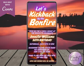 Digital Let's Kickback by the Bonfire Birthday Party Invitation, Sunset Party, Electronic Phone Evite, Editable Template, Instant Download